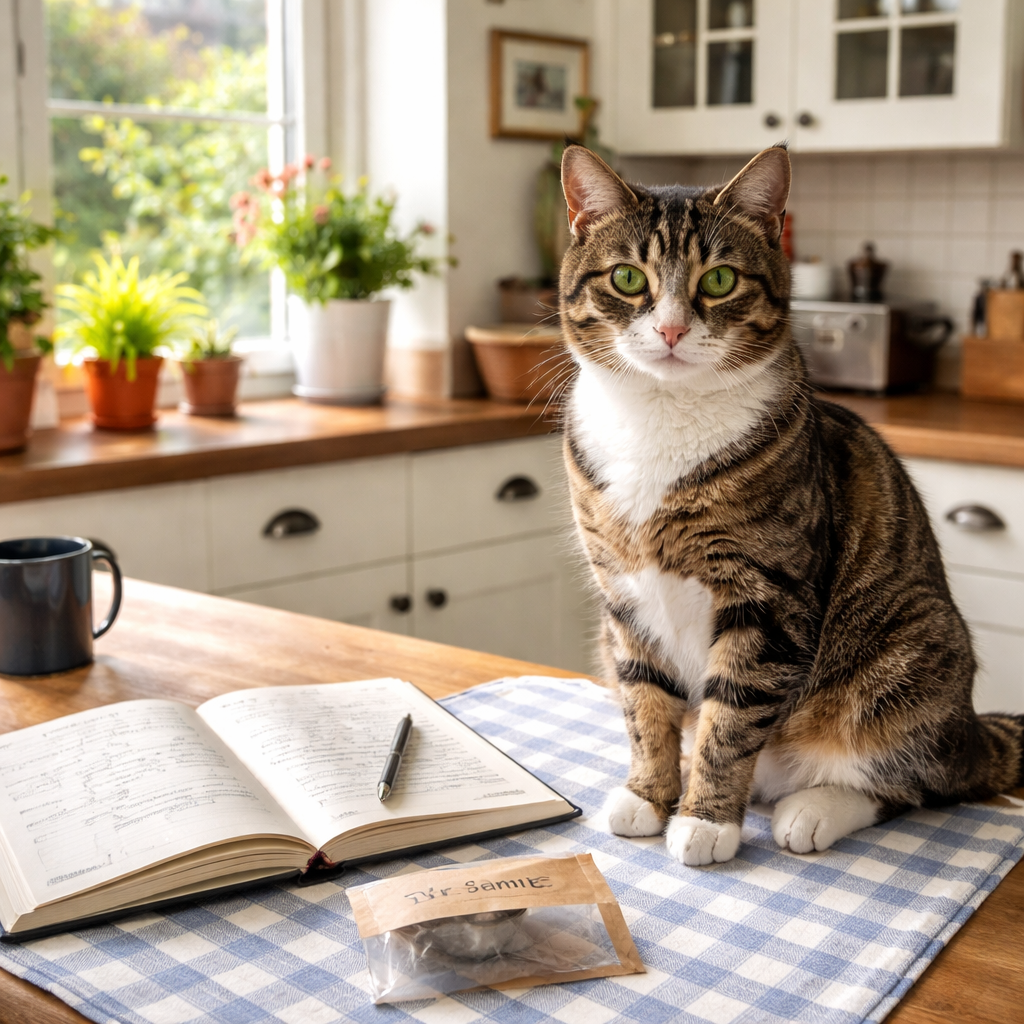 A photorealistic scene of a cat in a bright UK kitchen, sitting on a counter beside a small fur sample envelope and an open diary on a checkered tablecloth, with natural daylight streaming in.
