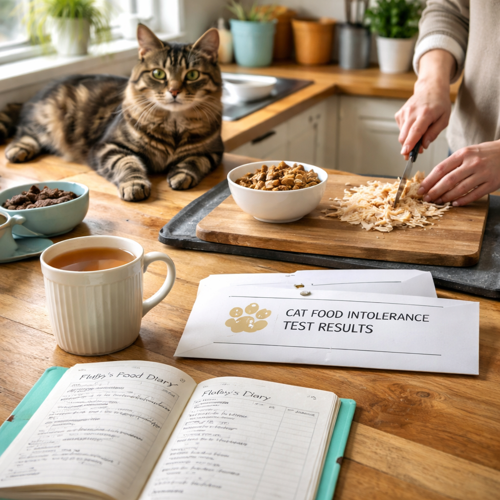 A photorealistic kitchen scene in a British home, showing a relaxed cat perched on the countertop while its owner prepares a simple boiled chicken meal, a labelled food diary open on the table, and a sealed sample envelope from a cat food intolerance test kit beside a mug of tea. Alt: Home test for cat food intolerance uk – adjusting diet based on test findings.