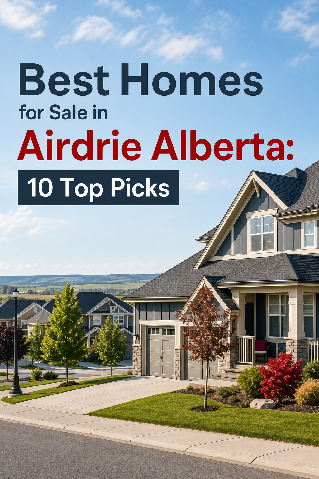 A realistic street view of a modern Airdrie neighbourhood with homes, trees and a clear sky, showing a welcoming suburban atmosphere. Alt: homes for sale in Airdrie Alberta