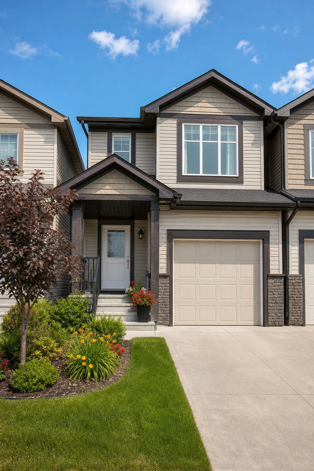 A photorealistic rendering of a modest Airdrie townhouse with a front garden and a driveway, illustrating affordable starter homes. Alt: starter homes under 400k in Airdrie