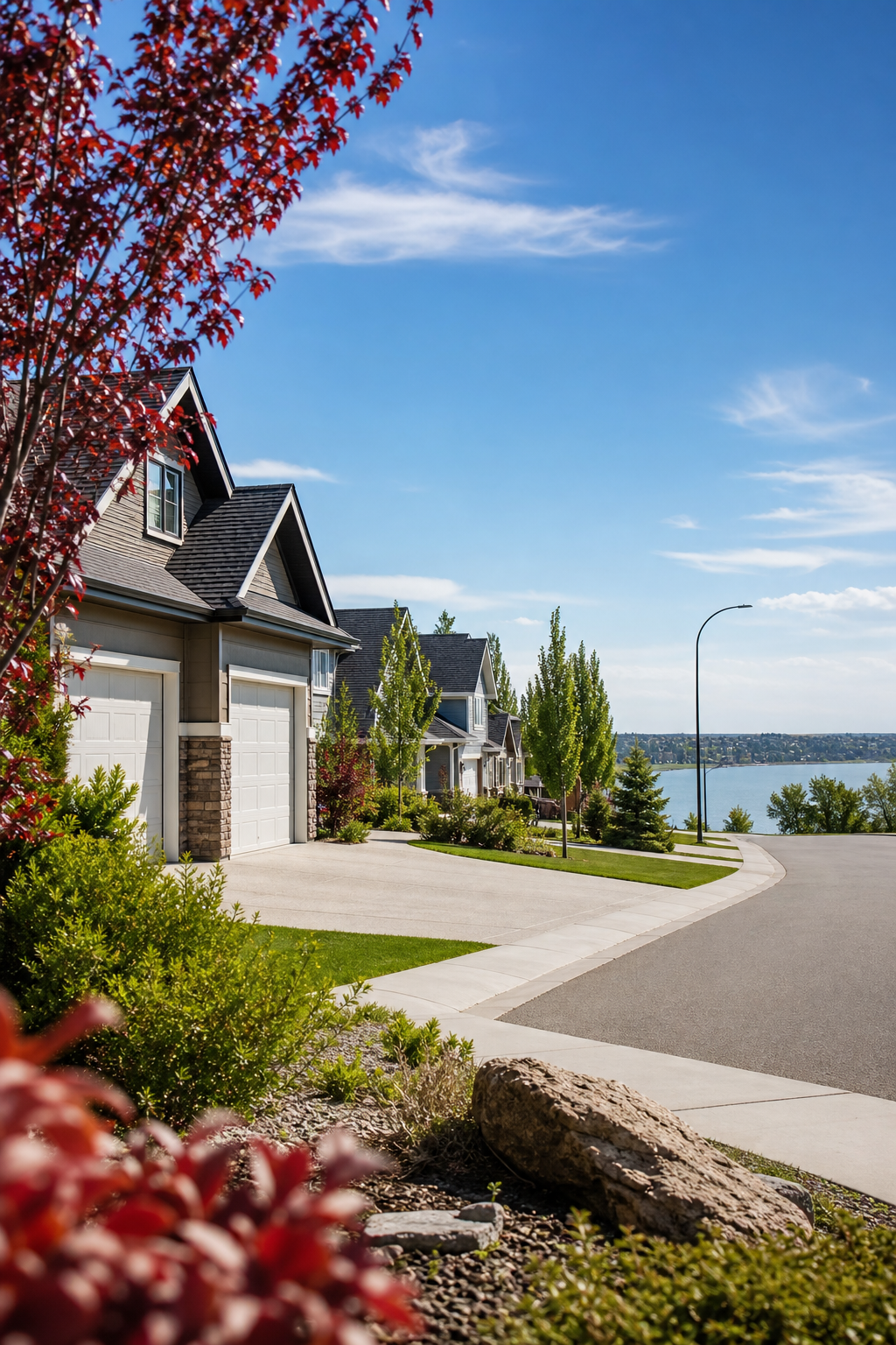 A realistic view of Chestermere neighbourhood streets with homes, trees, and a clear sky, Alt: Chestermere real‑estate resource view