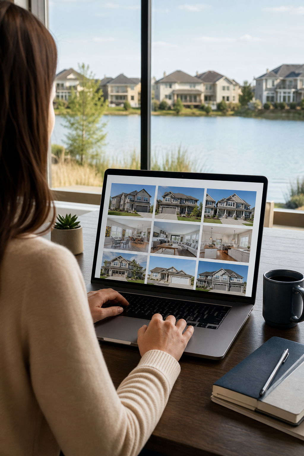 A realistic illustration of a home buyer using a laptop to browse Chestermere listings, Alt: Chestermere home‑search resource illustration