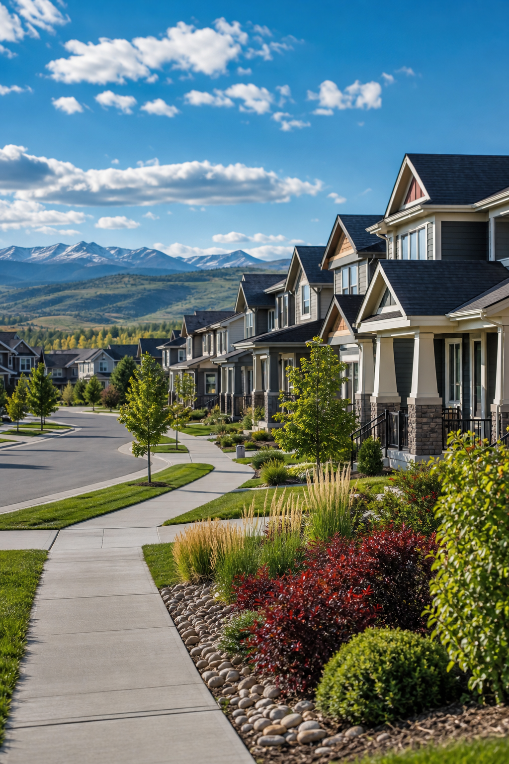 A realistic view of a modern Cochrane neighbourhood street with homes, trees, and a clear sky, showing the community feel and local amenities. Alt: Cochrane neighbourhood homes for sale