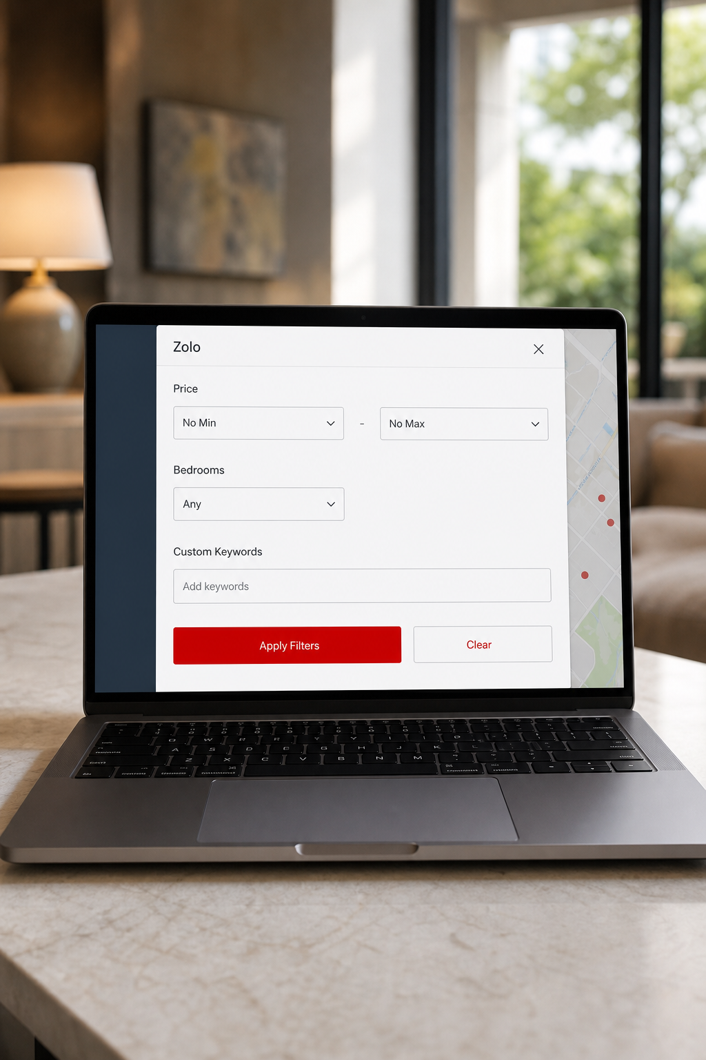 A clean screenshot‑style illustration of Zolo’s filter panel on a laptop screen, showing dropdowns for price, bedrooms, and custom keywords. Alt: Zolo advanced home search filters
