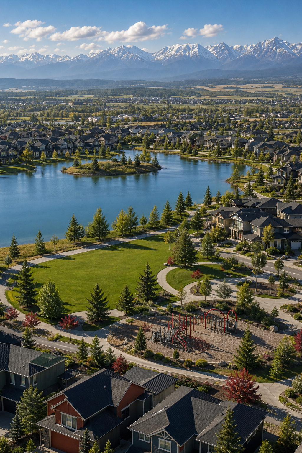 A realistic aerial view of Harmony neighbourhood showing lakes, parks, and homes with the Rocky Mountains in the background. Alt: Harmony Alberta community overview