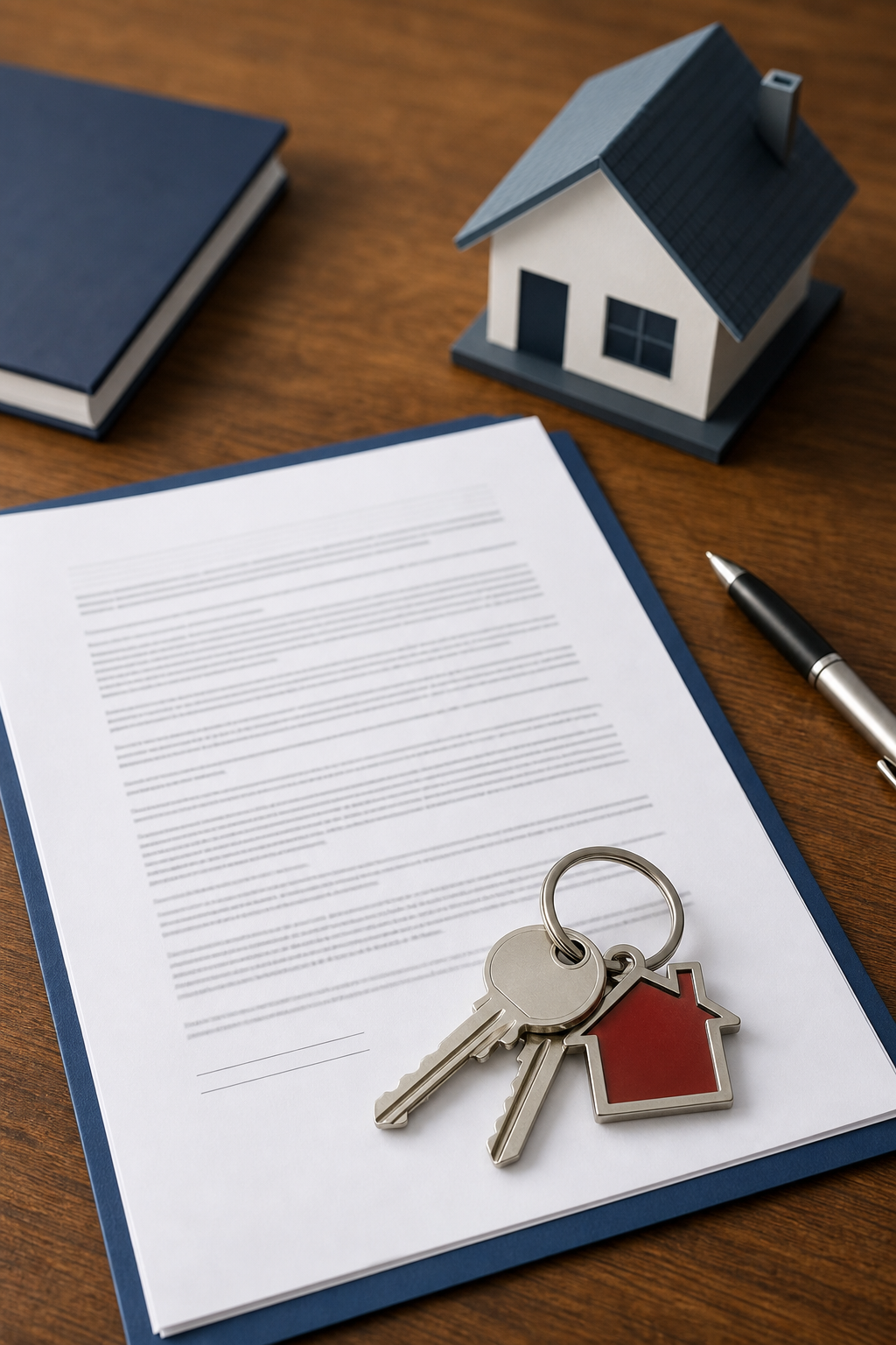A realistic illustration of a mortgage document and keys on a wooden table, representing financing process for Harmony home buyers. Alt: Home financing tips Harmony
