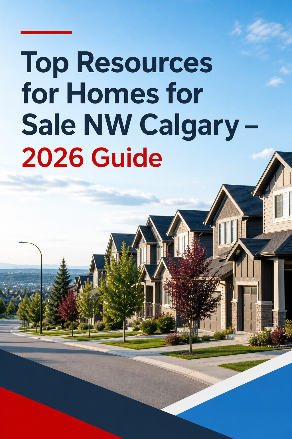 A realistic view of a modern Northwest Calgary neighbourhood street with homes, trees, and a clear sky. Alt: homes for sale NW Calgary neighborhood overview.