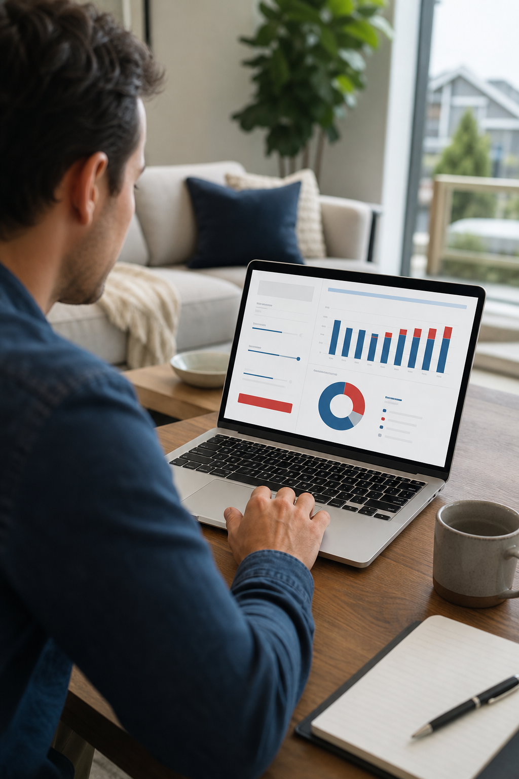 A realistic illustration of a home‑buyer using a laptop to run a mortgage calculator, with graphs and numbers on the screen. Alt: mortgage calculator for homes for sale NW Calgary.