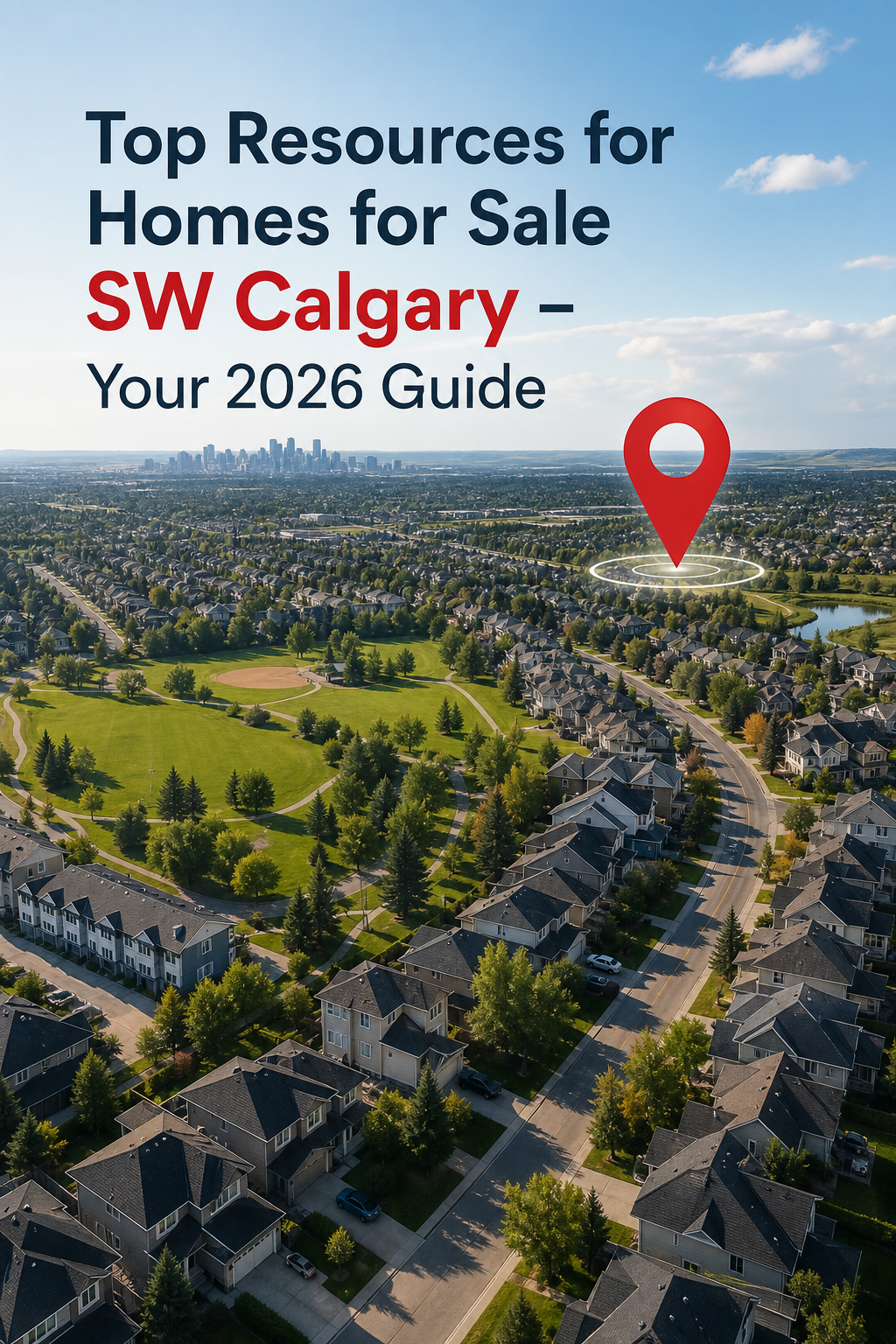 A realistic aerial view of a Southwest Calgary neighbourhood showing streets, parks, and a mix of detached homes and townhouses, with a subtle overlay of a search map pin icon, Alt: “Southwest Calgary neighbourhood map with homes for sale”