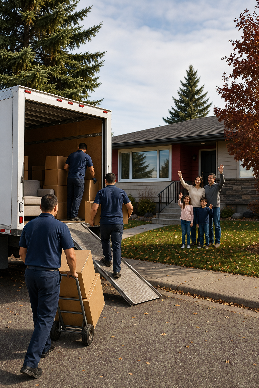 A realistic scene of a moving truck parked in front of a Southwest Calgary bungalow with movers carrying boxes, a family waving goodbye, Alt: “Moving truck outside a SW Calgary home with family”