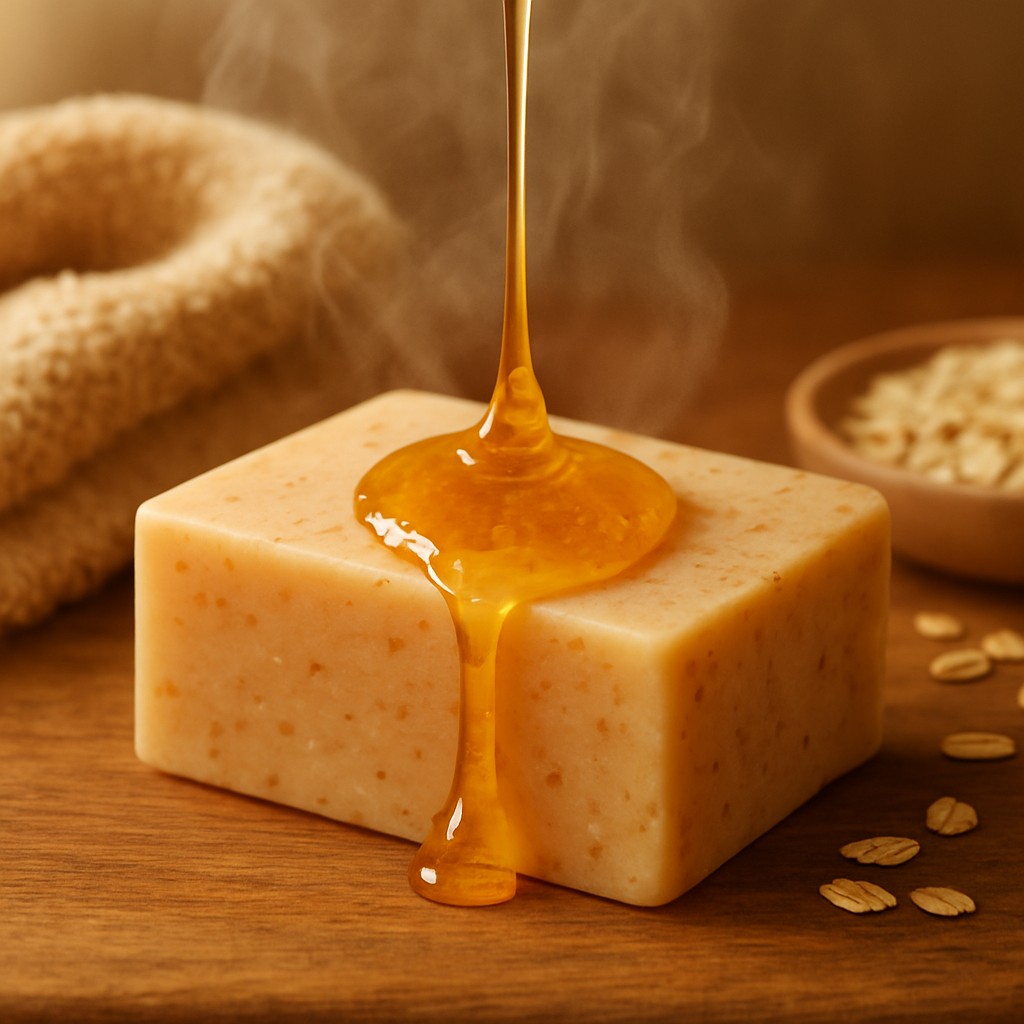 A warm bathroom scene with a honey oatmeal soap bar, steam rising, close-up of honey drizzle on the soap. Alt: honey oatmeal soap benefits illustration.