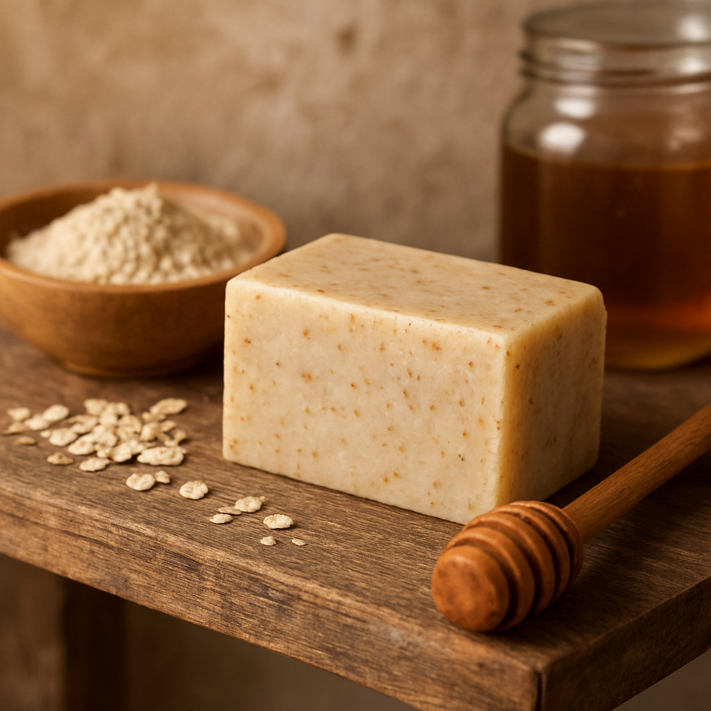 A rustic bathroom shelf holding a freshly poured honey oatmeal soap bar, with a wooden spoon and a bowl of oat flour nearby. Alt: honey oatmeal soap making ingredients and fresh bar.