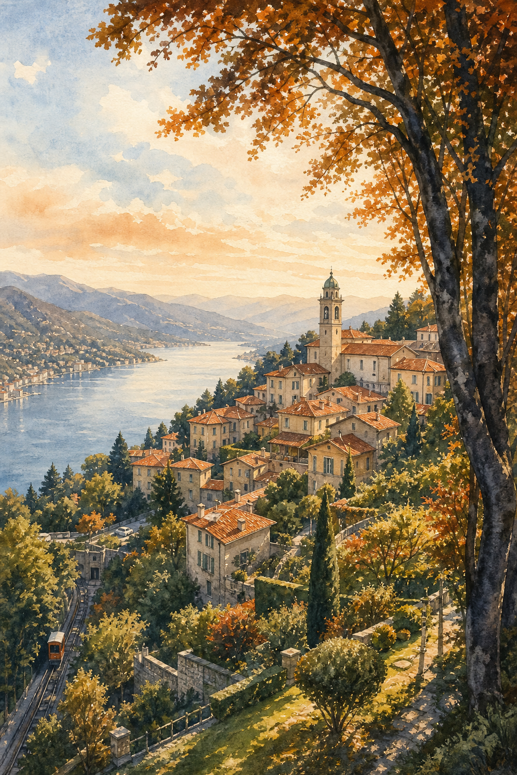 Watercolor illustration of the hillside village of Brunate above Lake Como, with terracotta rooftops, a church tower, and terraced gardens framed by beech trees in warm afternoon light. Alt: Brunate hillside village above Lake Como, terracotta rooftops and beech forest.