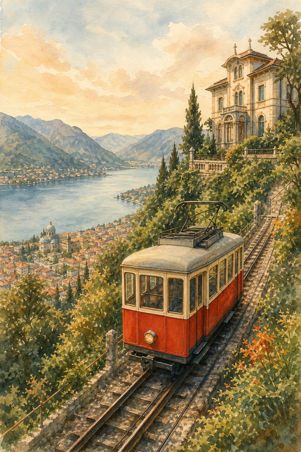 Watercolor illustration of the historic Como-Brunate funicular railway, a red and cream cable car climbing a green hillside in warm light, with the city of Como visible below. Alt: Como-Brunate funicular railway climbing the hillside, historic cable car, Lake Como region.