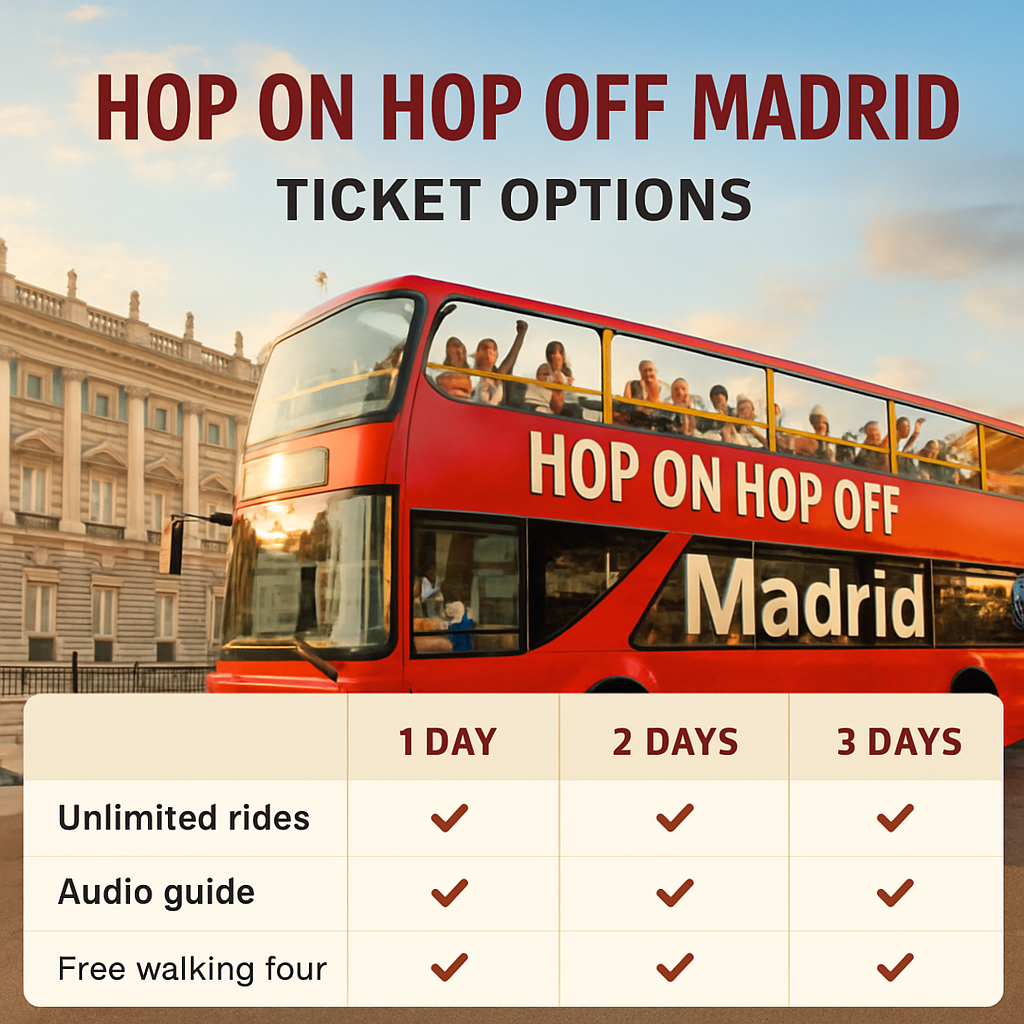 A vibrant double‑deck hop on hop off madrid bus cruising past the Royal Palace at golden hour, passengers waving from the upper deck, sunny sky over Madrid. Alt: hop on hop off madrid bus ticket options comparison graphic