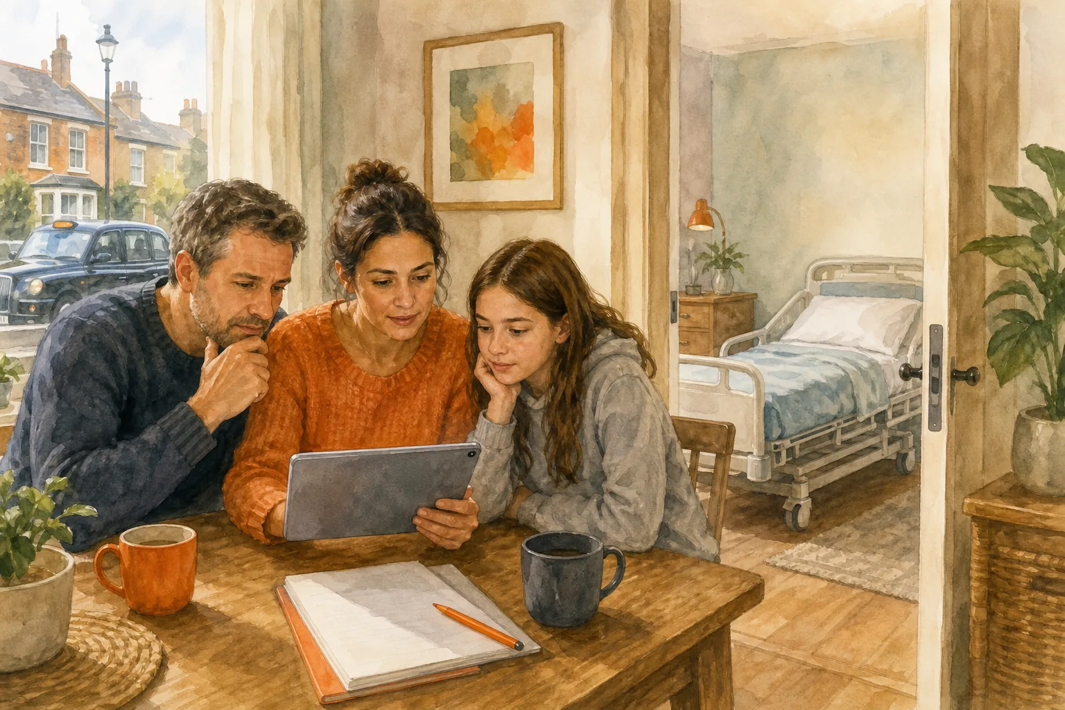 family checking local hospital bed rental availability at home