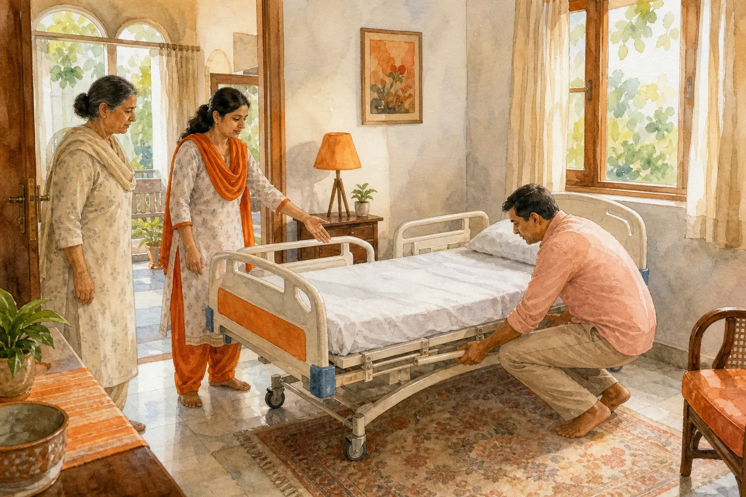 Family checking hospital bed room space at home in India.