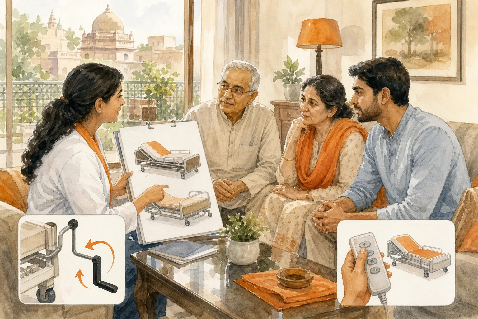 Family reviewing hospital bed types for home care in Delhi.