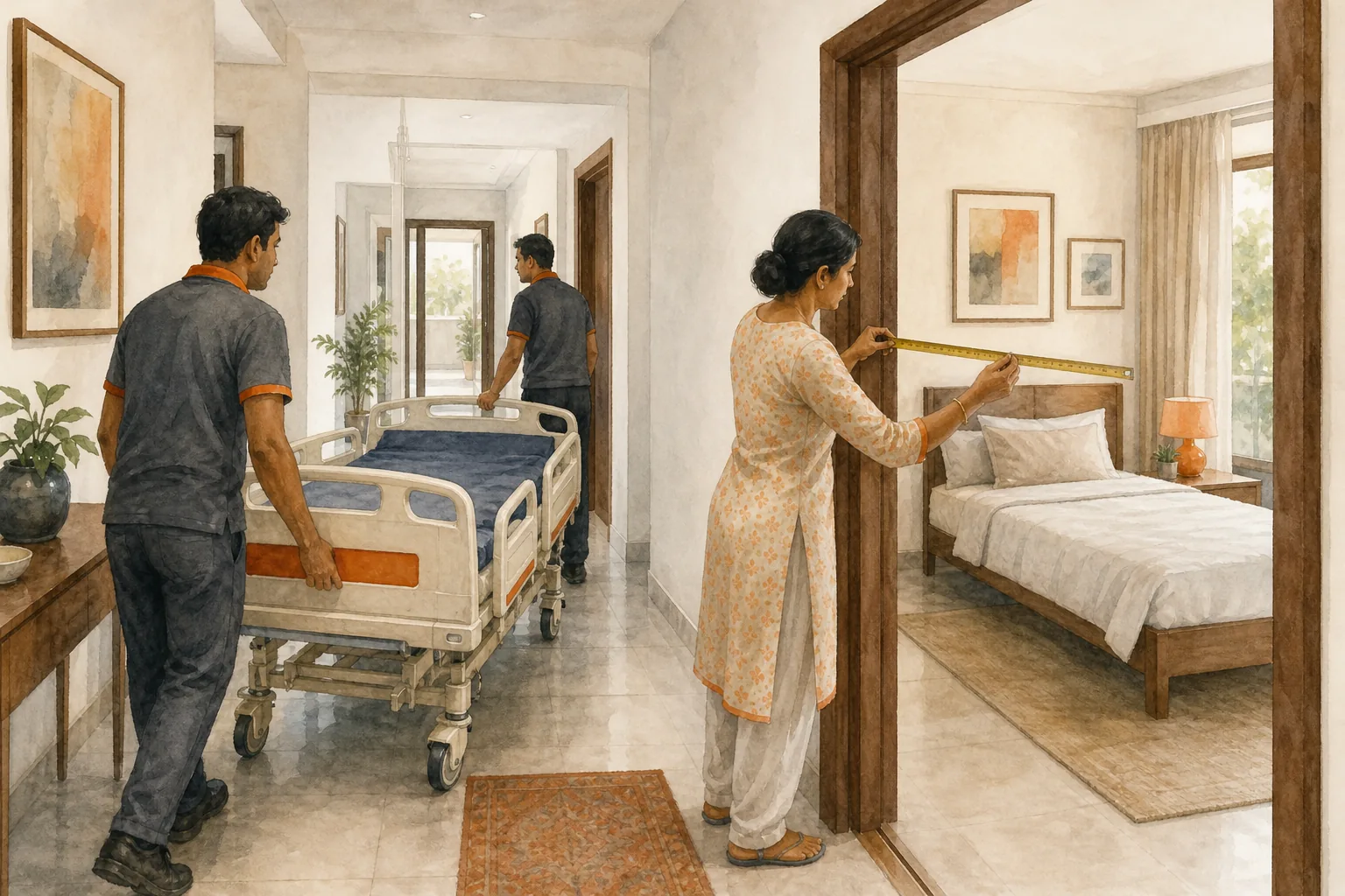 Preparing a Delhi home and checking doorway access before hospital bed delivery.