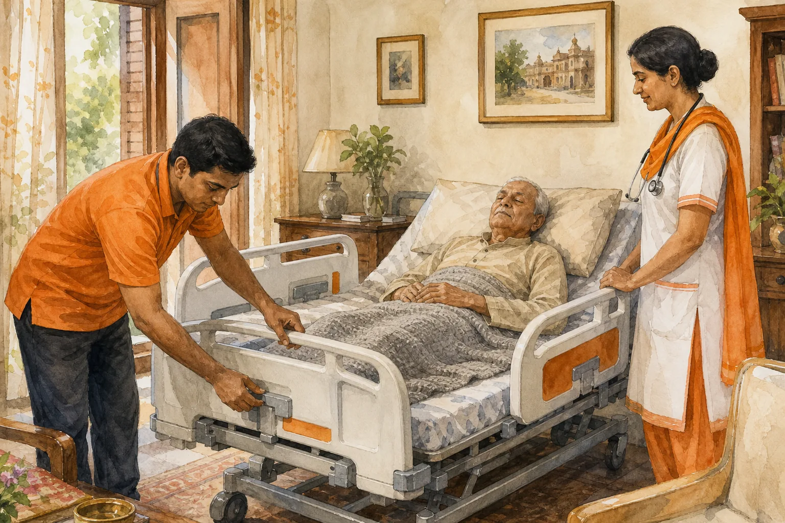 Caregiver checking hospital bed side rail locks and frame safety in an Indian home.