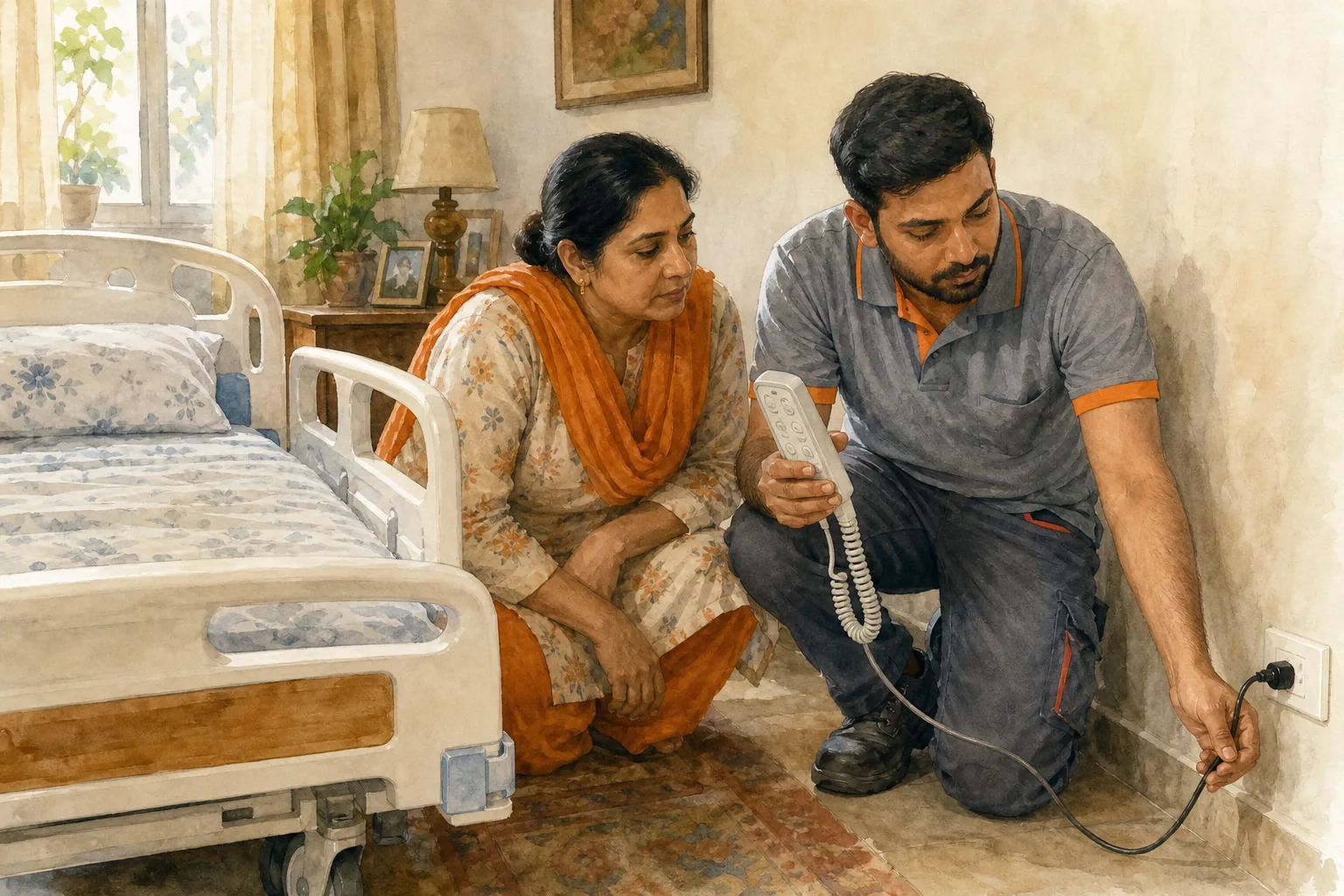 Checking hospital bed remote controls and cable safety in an Indian home.