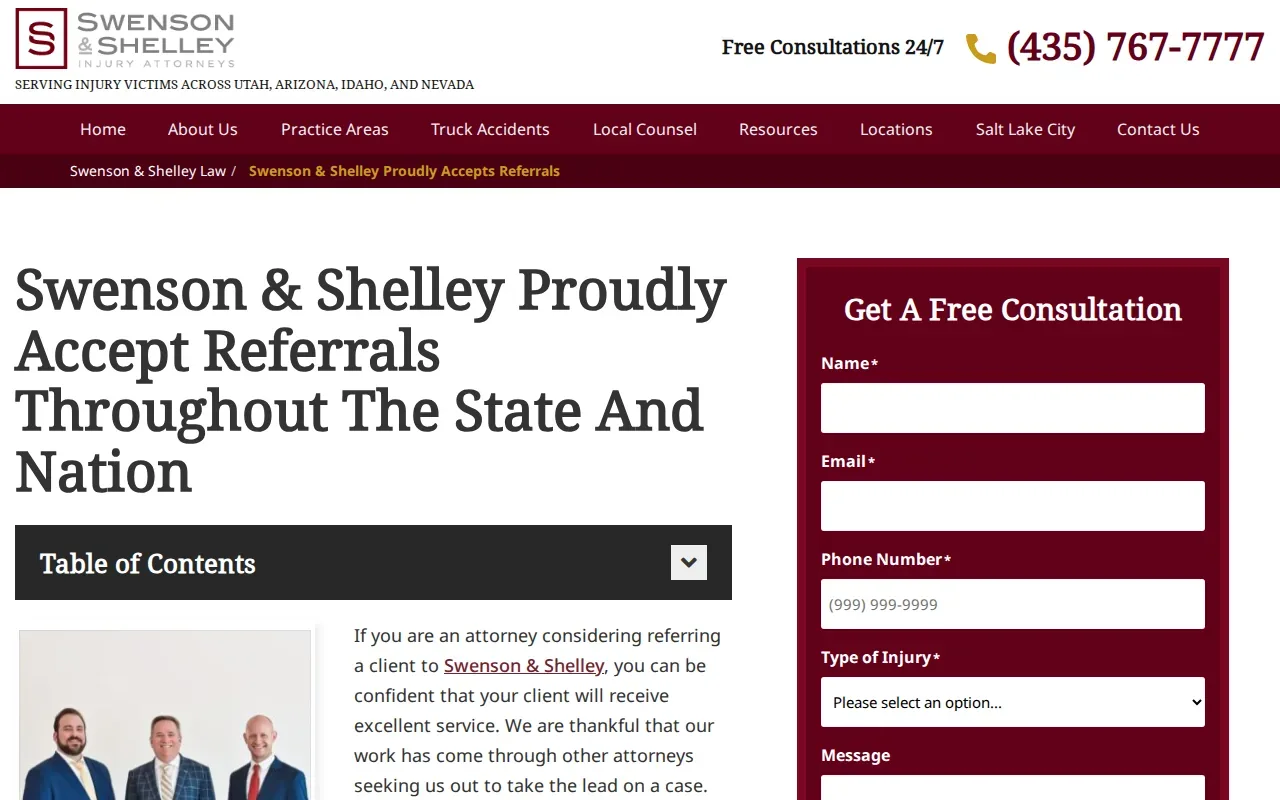 Screenshot of the Swenson & Shelley Law website