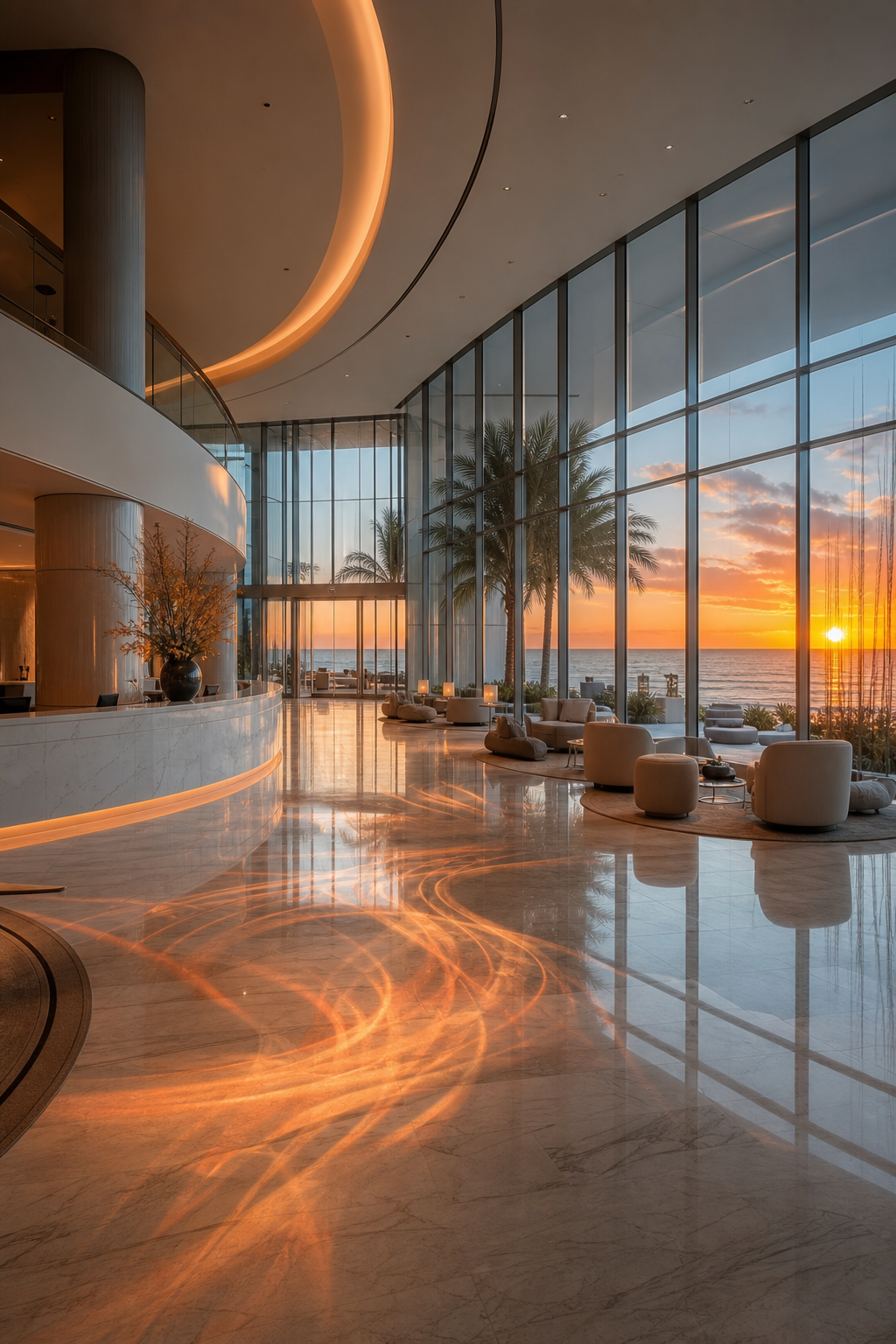 A photorealistic hotel lobby with sweeping glass walls, a sunrise over the sea, and subtle motion graphics projected on the marble floor. Alt: luxury hotel lobby cinematic design.