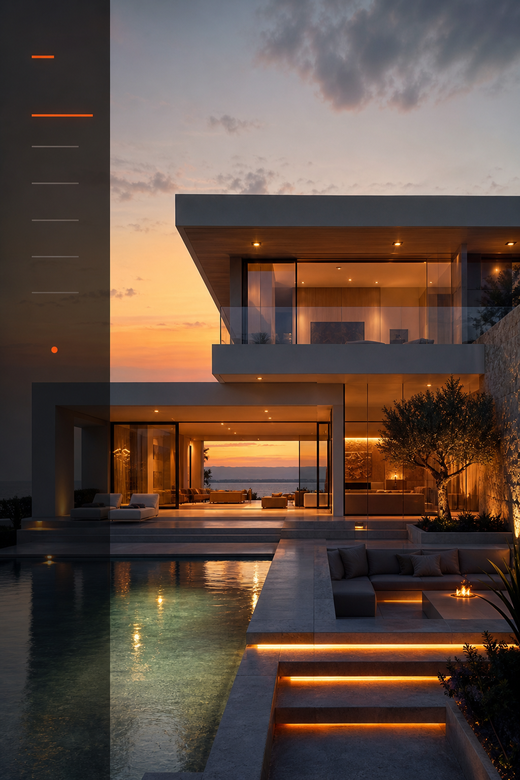 A sleek villa façade at dusk, illuminated by warm lighting, with a subtle overlay of a navigation menu that blends into the architecture. Alt: luxury villa website visual design.