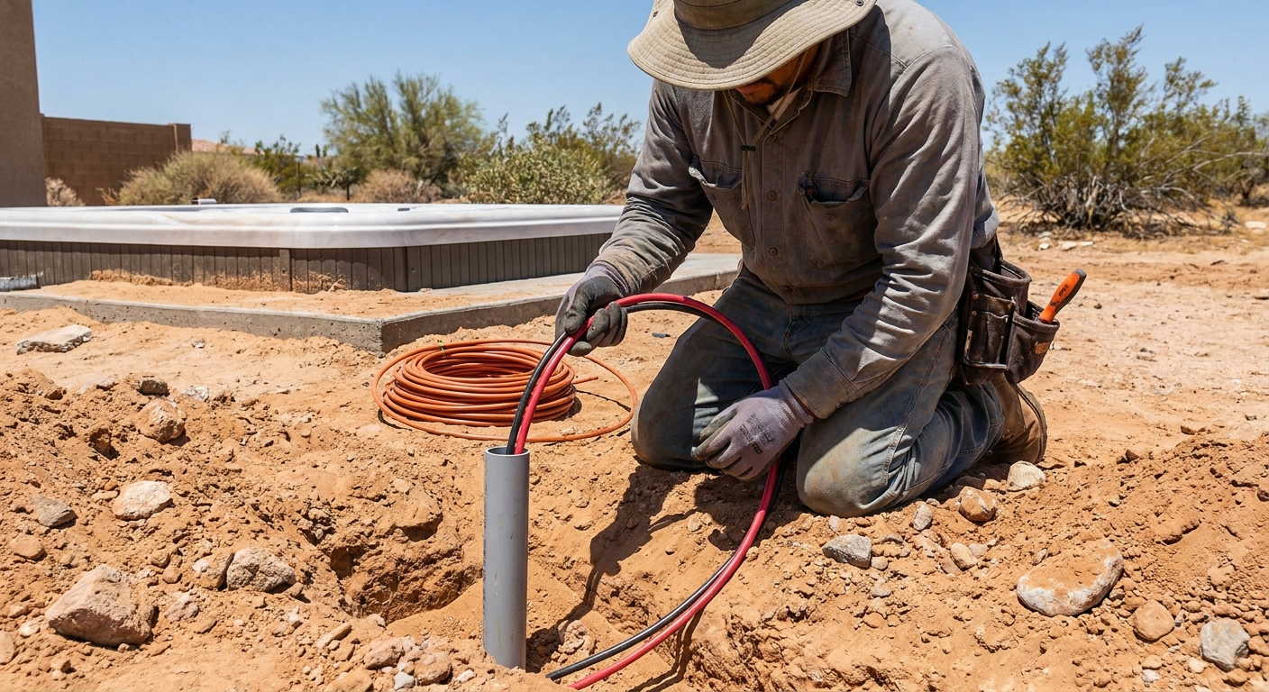 A realistic photo of a contractor pulling #6 copper THHN wire through a buried PVC conduit trench on a sunny desert backyard, showing the conduit and surrounding sand and rocks, alt: