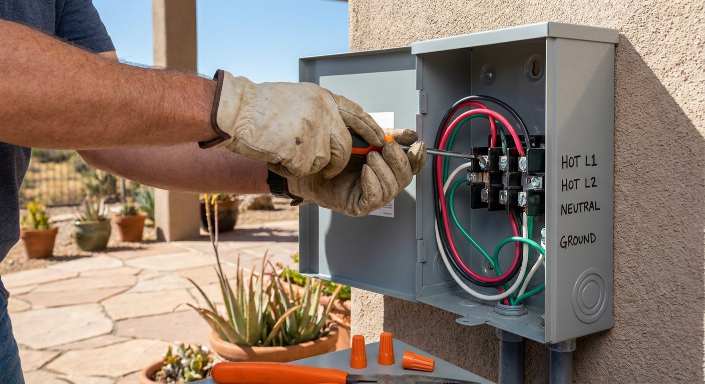 A realistic scene of an electrician connecting red, black, white, and green wires to a spa disconnect box on a desert patio, showing clear labeling of hot, neutral, and ground wires, alt:
