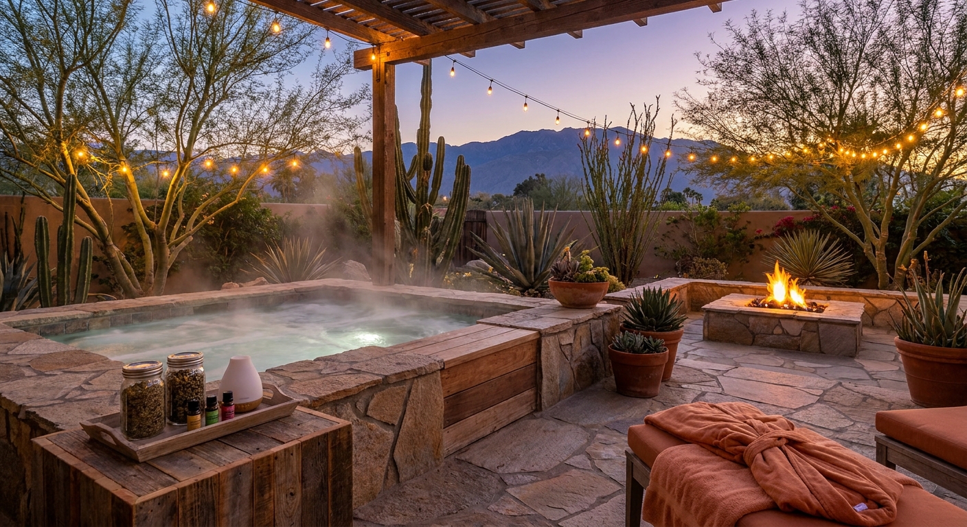 A photorealistic scene of a luxury outdoor hot tub on a desert patio at dusk, surrounded by warm string lights and desert landscaping, with soft steam rising from the water. Alt: luxury hot tub aromatherapy setup in a Coachella Valley backyard.