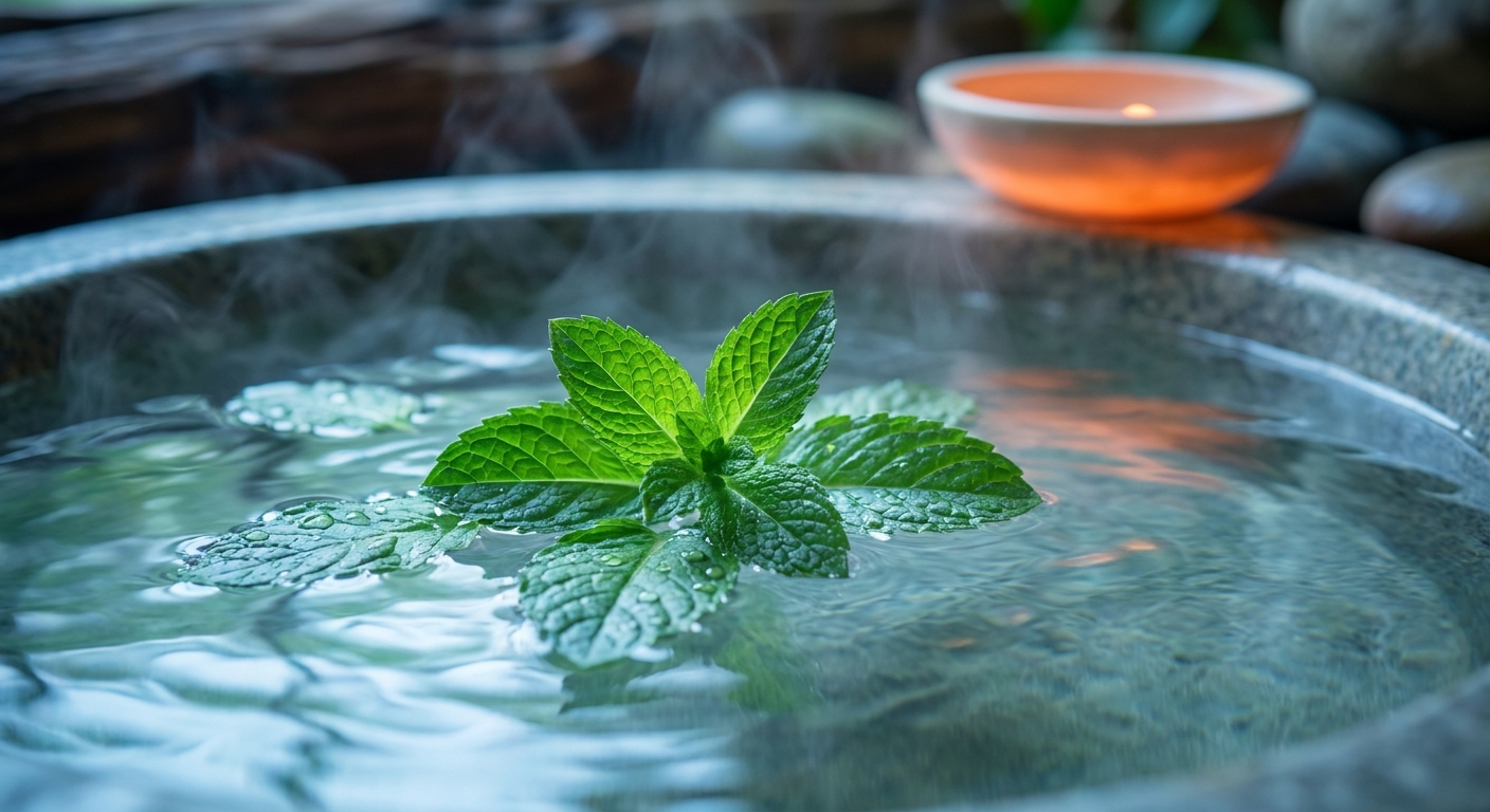 A photorealistic close-up of fresh peppermint leaves floating on steaming water in a spa, with cool-toned lighting and natural water droplets. Alt: peppermint aromatherapy in a hot tub for muscle relief.