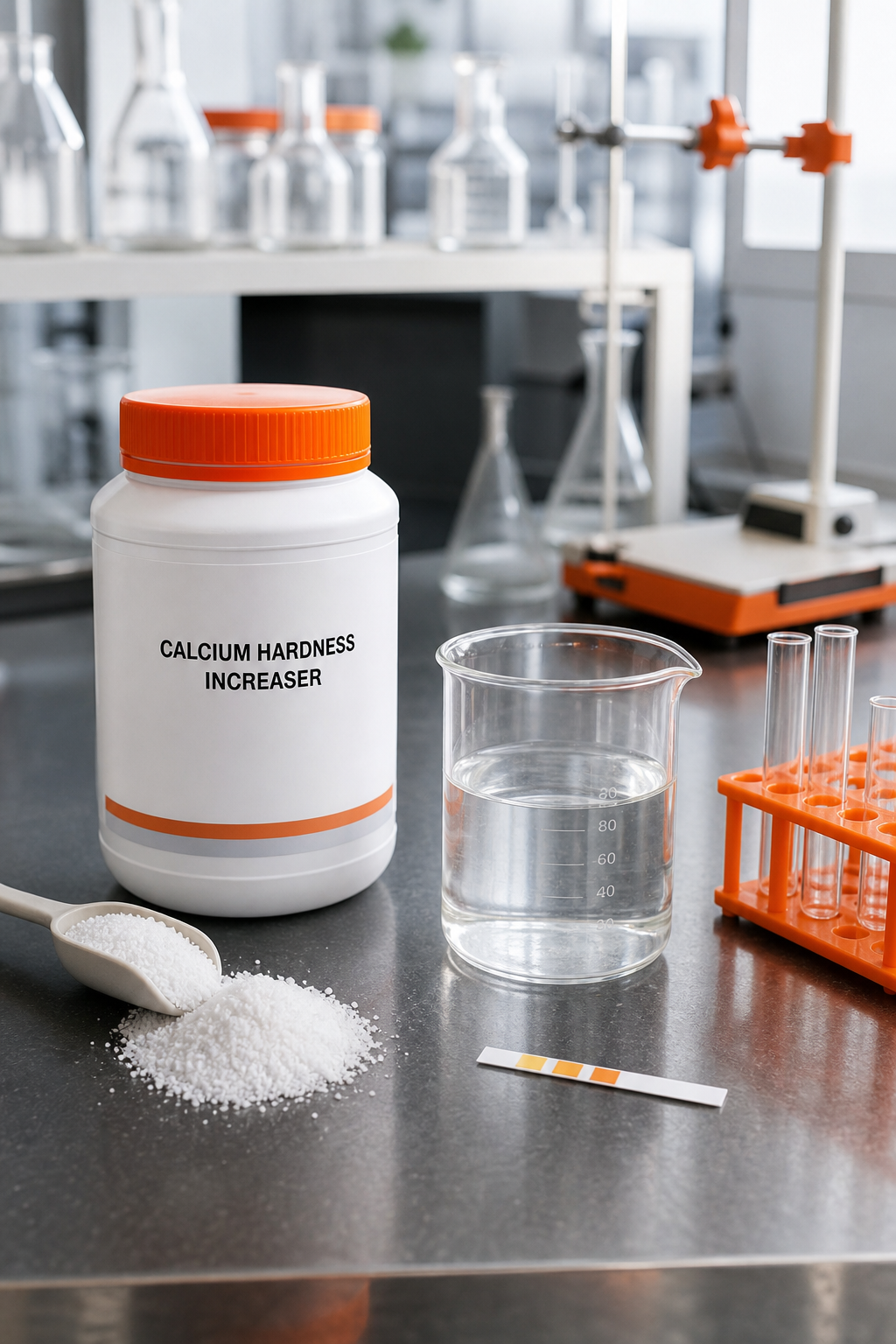 A realistic illustration of a chemist’s lab bench with labeled bottles of calcium hardness increaser, a beaker of water, and a test strip, highlighting the balanced formula concept. Alt: commercial calcium hardness increaser lab setup