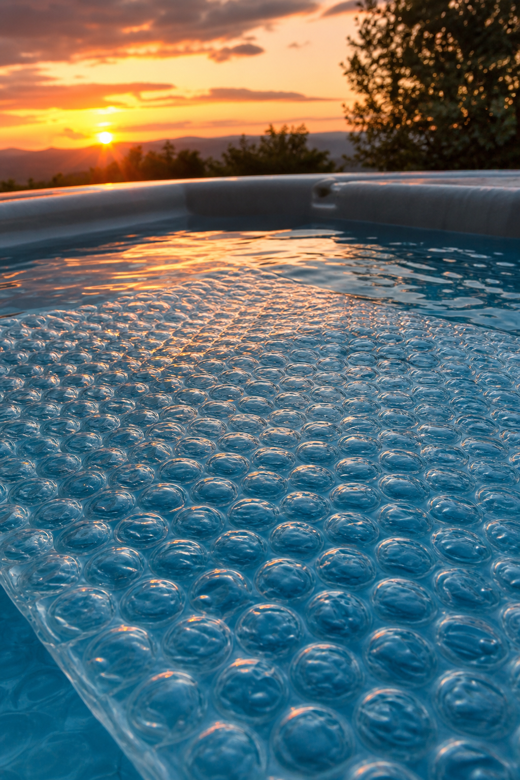 A photorealistic close‑up of a blue‑tinted bubble‑wrap solar blanket floating on a hot‑tub surface at sunset, highlighting air pockets and the water underneath