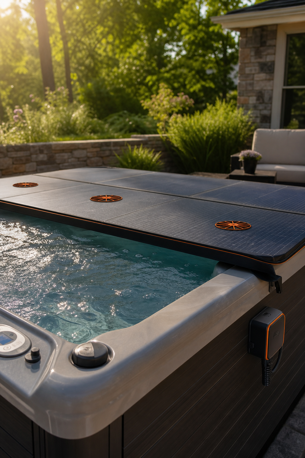 A realistic scene showing a solar‑powered spa cover with tiny fans visible on the surface, sunlight reflecting off the water, and a small control unit attached to the side
