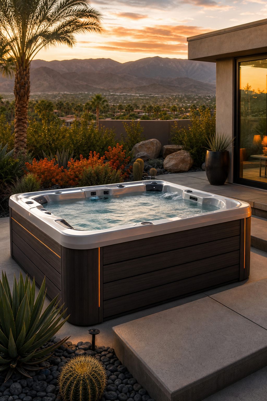 A photorealistic image of a luxury hot tub installed on a desert patio with mountain views, surrounded by modern landscaping. Alt: Luxury hot tub installation in Rancho Mirage desert backyard.