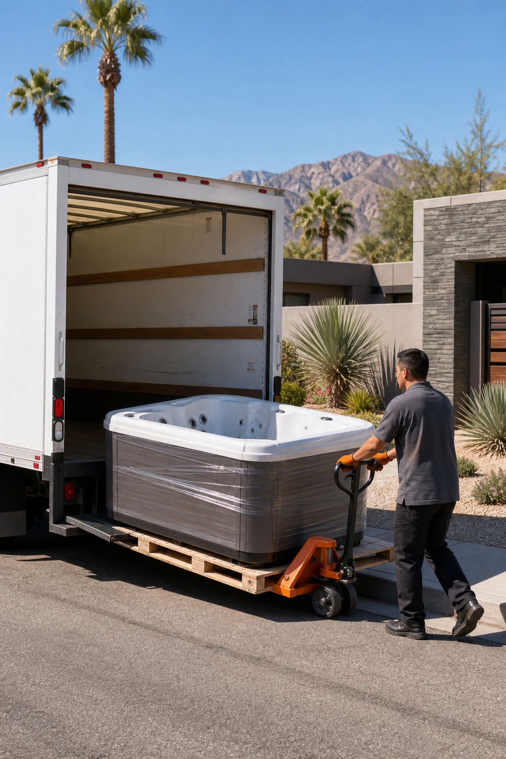 A delivery truck with a pallet-jack unloading a hot tub at a curb. Alt: Curbside hot tub delivery from big-box retailer in Rancho Mirage.