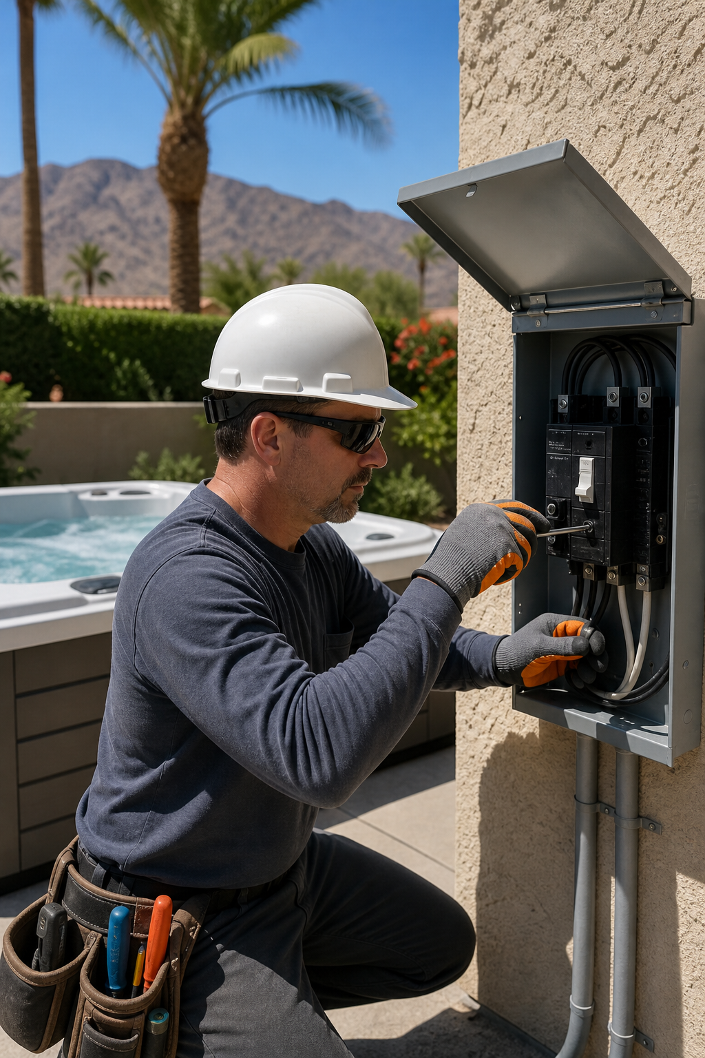 A professional electrician in Palm Desert installing a GFCI breaker panel for a hot tub, with safety gear and labeled electrical box in a sunny backyard. Alt: Licensed electrician installing hot tub electrical in Palm Desert.