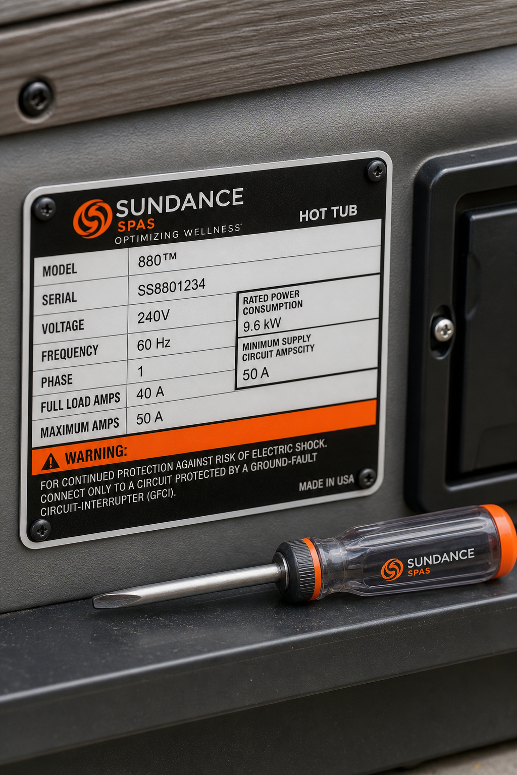A close-up of a hot tub's electrical nameplate showing voltage and amperage specifications, with a screwdriver nearby, realistic style. Alt: Hot tub electrical nameplate showing voltage and amperage requirements.