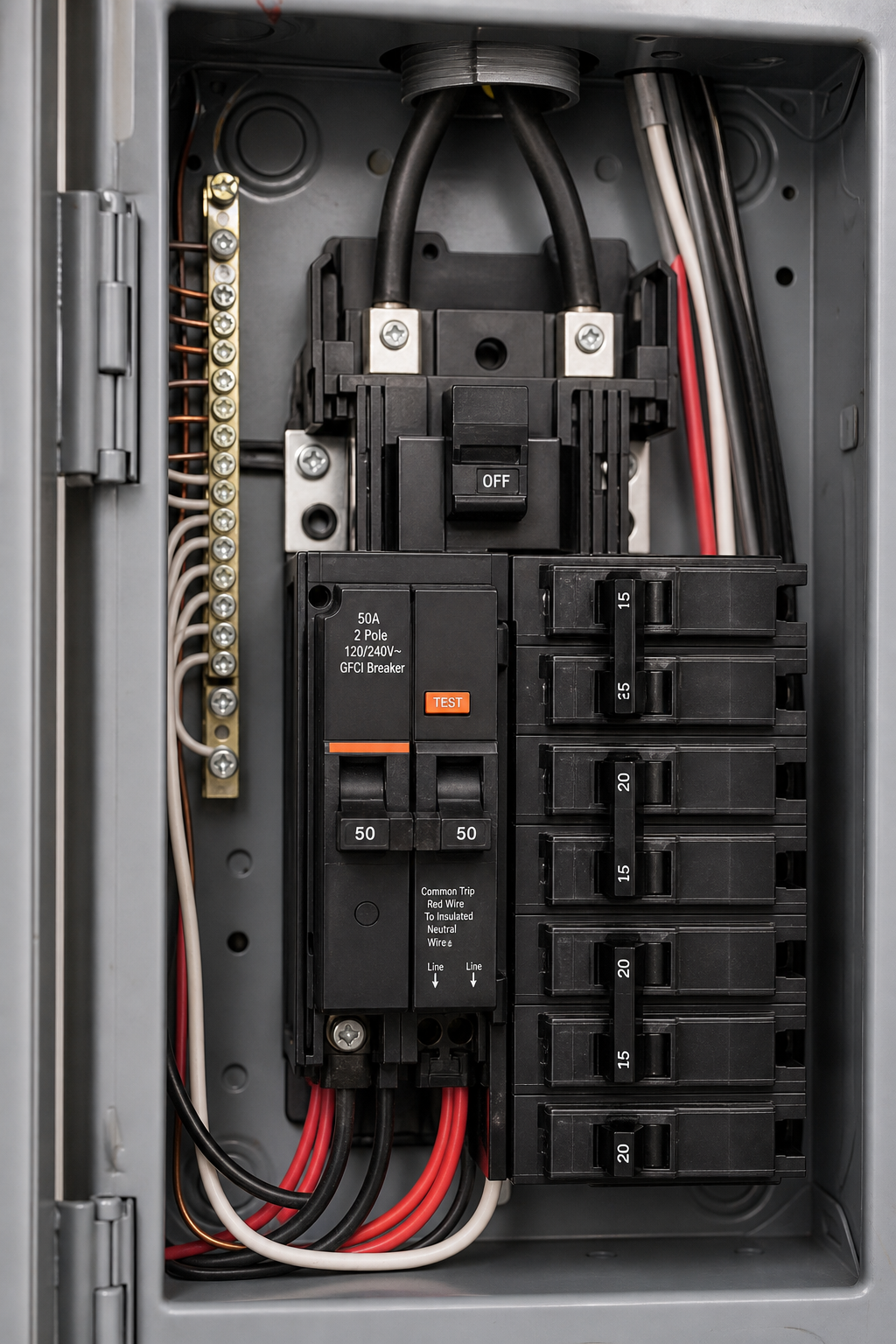 An open electrical panel showing a 50 amp double-pole GFCI breaker with test button, realistic style. Alt: 50 amp GFCI circuit breaker installed in a residential electrical panel.