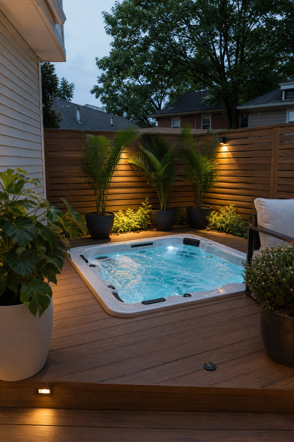 A photorealistic image of a small backyard deck with a built-in hot tub recessed into the deck, surrounded by wooden decking and potted plants, with a privacy fence in the background. Alt: built-in hot tub for small backyard deck