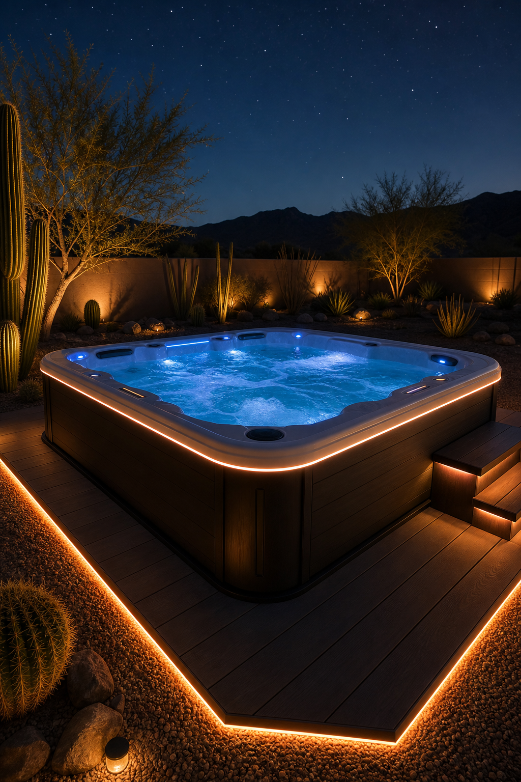 A photorealistic nighttime shot of a hot tub in a desert backyard with subtle LED strip lights glowing along the rim and deck edge, warm white and soft blue gradients, surrounded by cacti and gravel, stars in the sky. Alt: Smart color-changing LED strip lights around a hot tub in a desert backyard at night.