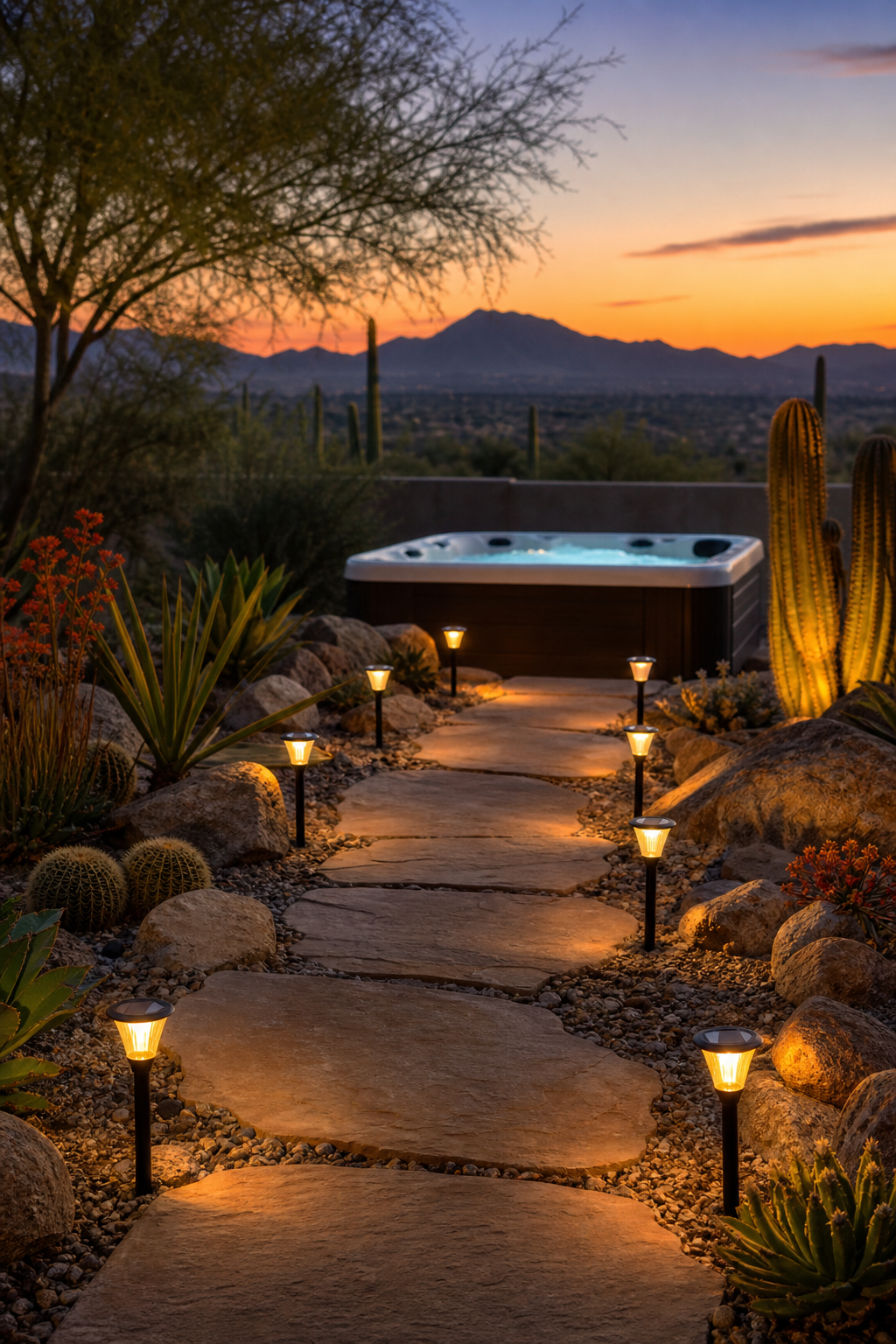 A desert backyard pathway lined with solar-powered stake lights glowing warmly, leading to a hot tub in the background, rock garden and succulents visible, twilight sky. Alt: Solar-powered pathway lights illuminating a stone walkway to a hot tub in a desert landscape.