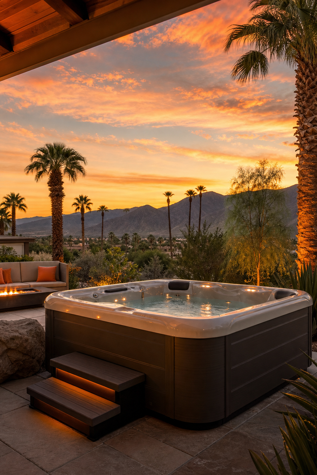 A photorealistic image of a luxury hot tub in a desert backyard with palm trees and a sunset sky. Alt: Desert hot tub service plan from Luxury Hot Tubs in Coachella Valley.