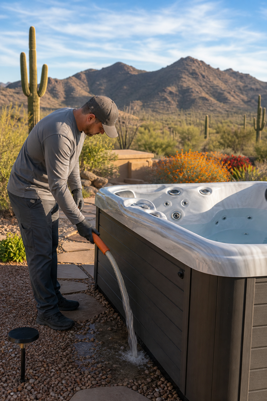 A photorealistic image of a hot tub being drained with a hose, surrounded by desert landscape. Alt: Seasonal hot tub winterization service for desert climates.