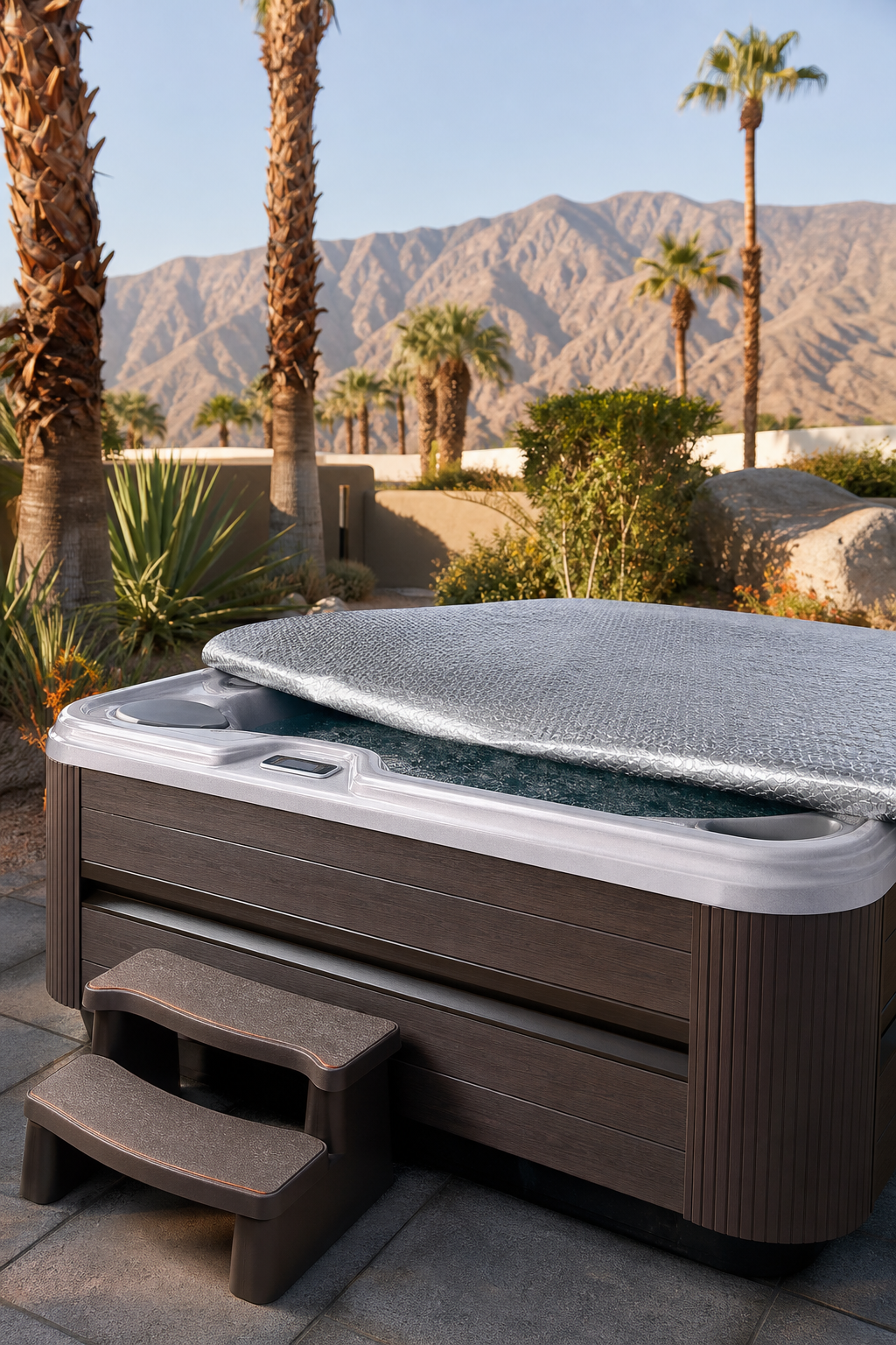 A photorealistic outdoor desert backyard scene showing a luxury hot tub with a solar blanket draped over it, surrounded by palm trees and warm afternoon sunlight in the Coachella Valley. Alt: Luxury Hot Tubs Caldera spa solar blanket package for desert climates.