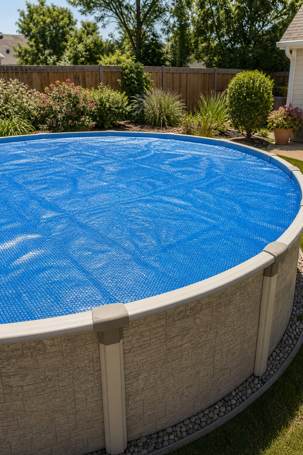 A realistic scene of a blue thermal bubble blanket floating on a small above-ground round pool in a sunny suburban backyard, with the bubble side facing down into the water. Alt: Blue Wave 12-mil round solar blanket for above-ground pool heat retention.
