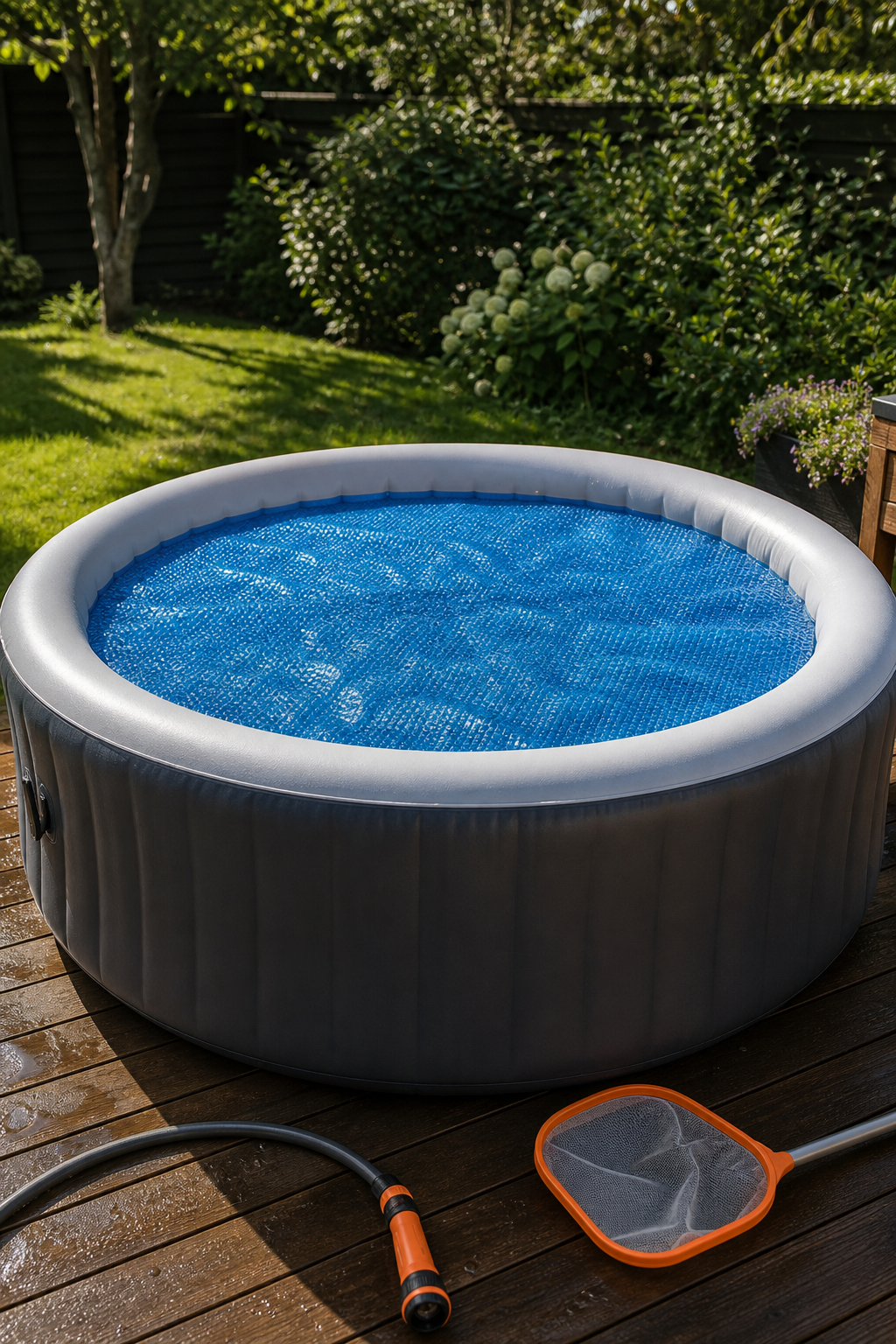 A photorealistic shot of a blue bubble solar blanket floating on a small round hot tub in a sunny backyard, with a garden hose and pool skimmer nearby. Alt: Blue bubble solar cover floating on water