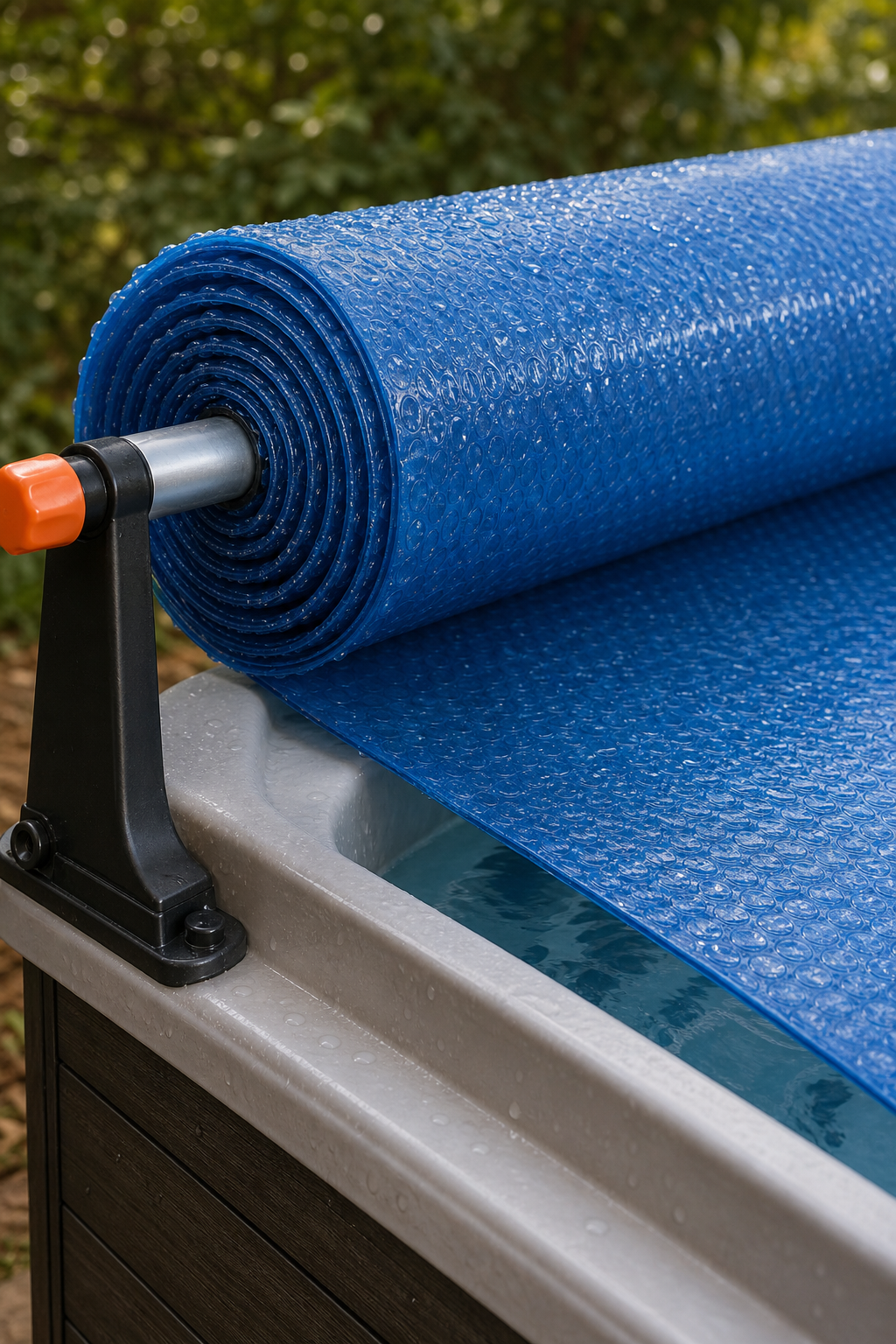 A close-up view of a thick blue bubble solar blanket being rolled up on a reel system next to a hot tub, with water droplets on the surface. Alt: Thick bubble solar blanket on reel system