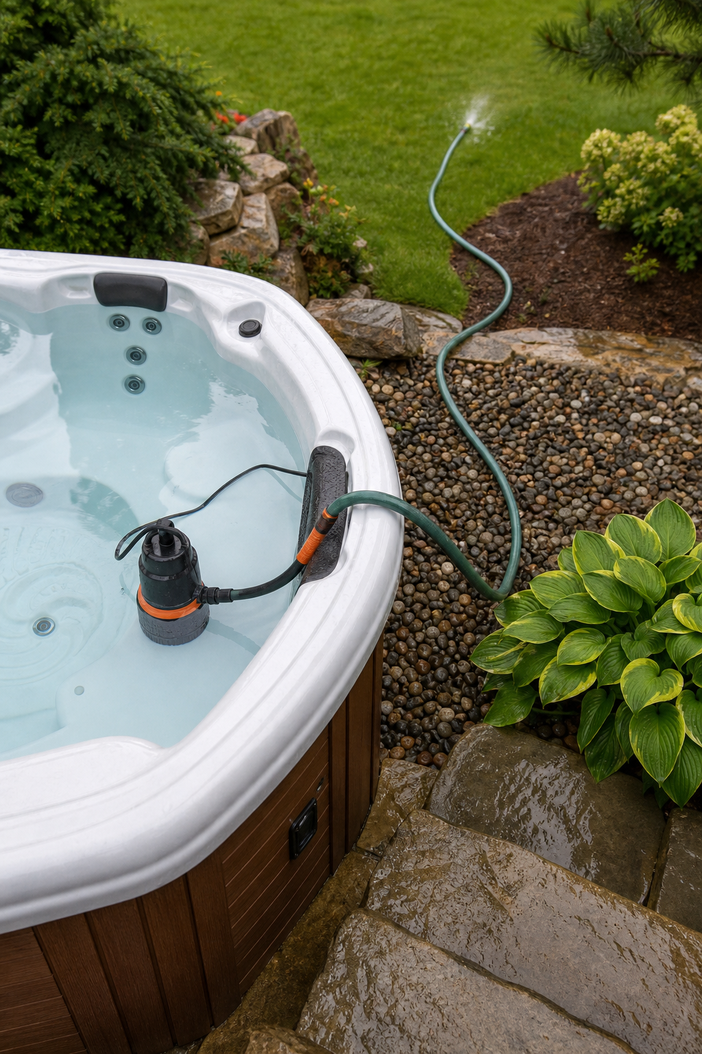 A photorealistic overhead view of a hot tub draining through a garden hose into a landscaped yard, with a submersible pump visible in the water. Alt: Hot tub draining with garden hose and sump pump